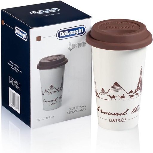 [35401408] DELONGHI HOT COFFEE TRAVEL MUG DLSC057  CERAMIC THERMAL DOUBLE WALL + SILICONE LID, 10 OZ, GLOBETROTTER THEME