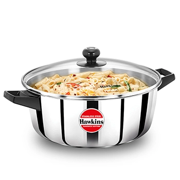 [500110] Hawkins SS Cook n Serve Casserole SSCB50G, 5 Litre, Stainless Steal, Induction Compatible  with Glass Lid